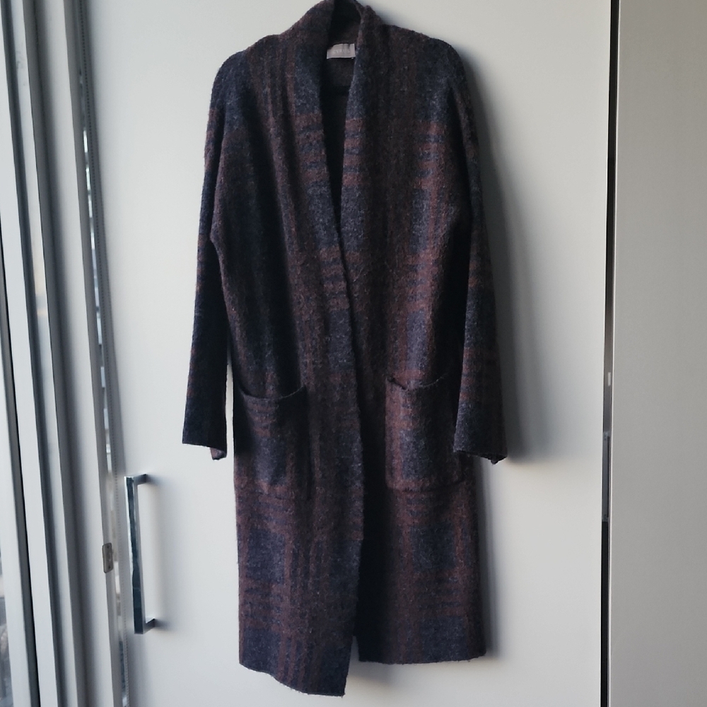 Cyrus Oversized Plaid Knit Long Overcoat Open Cardigan Sweater